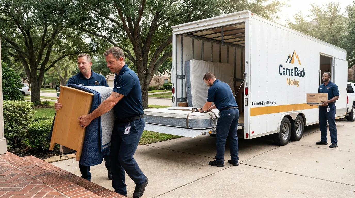 Crew loading residential truck for cross-state move from DeSoto, TX