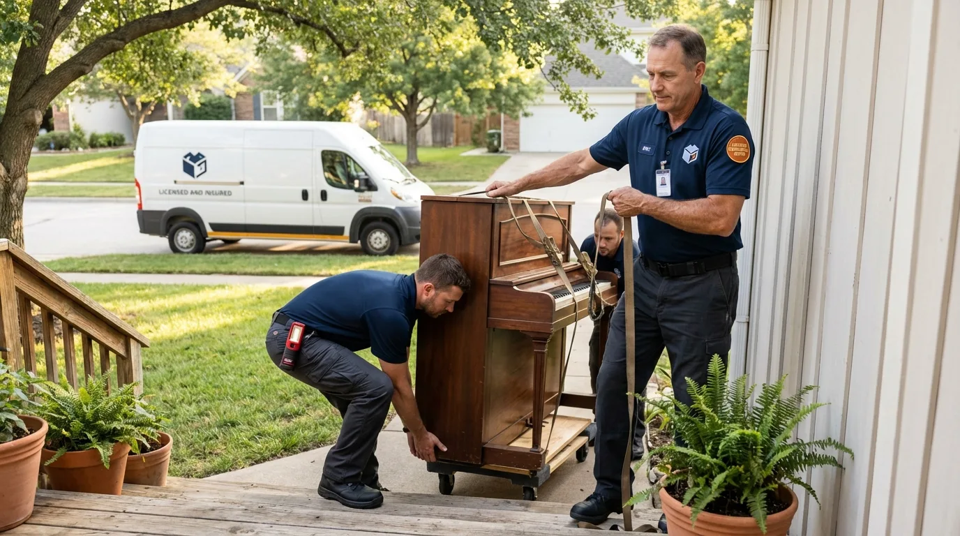 Licensed piano movers securing grand piano in DeSoto, TX