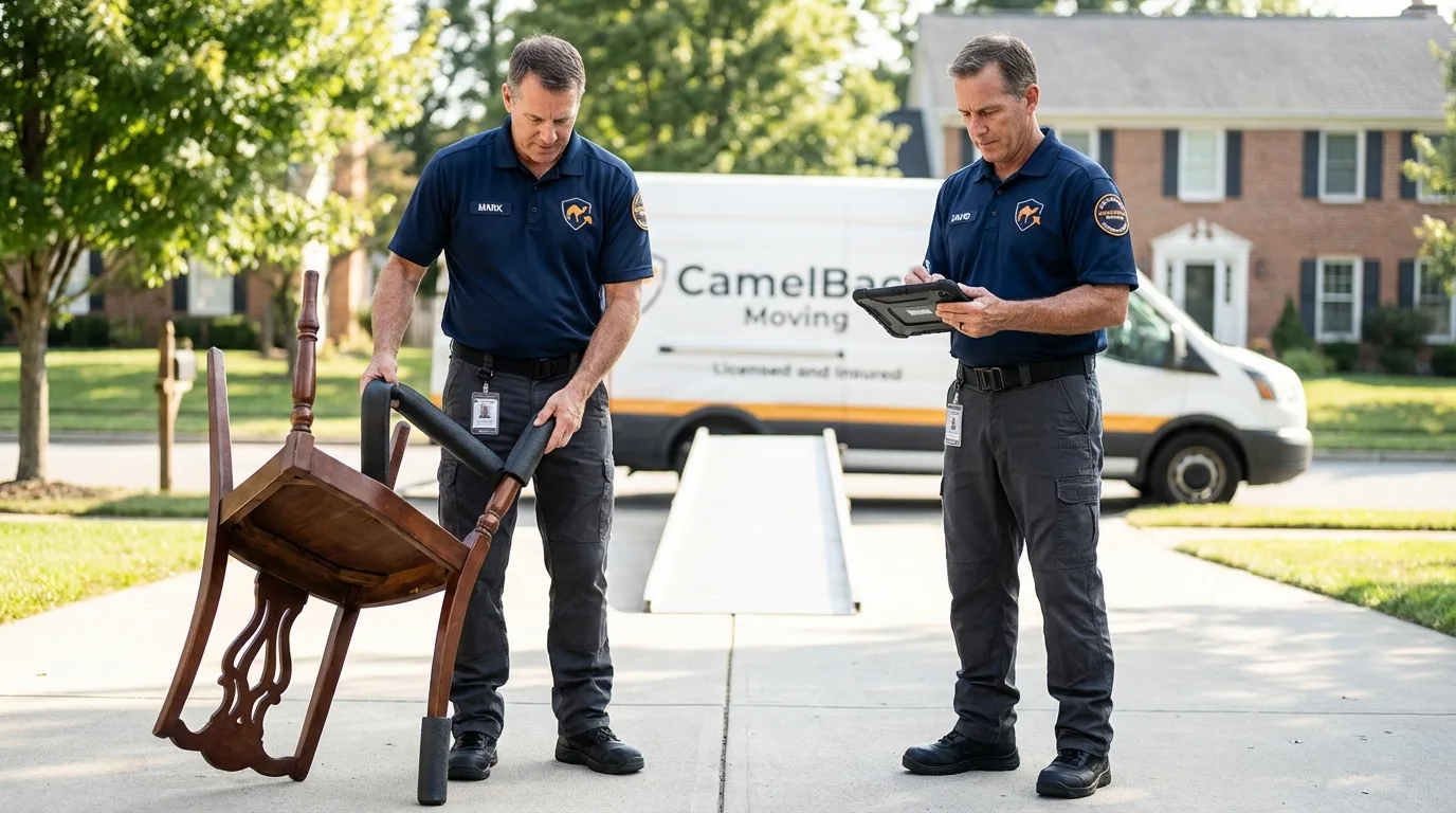 Movers inspecting furniture for damage prevention before loading in DeSoto, TX